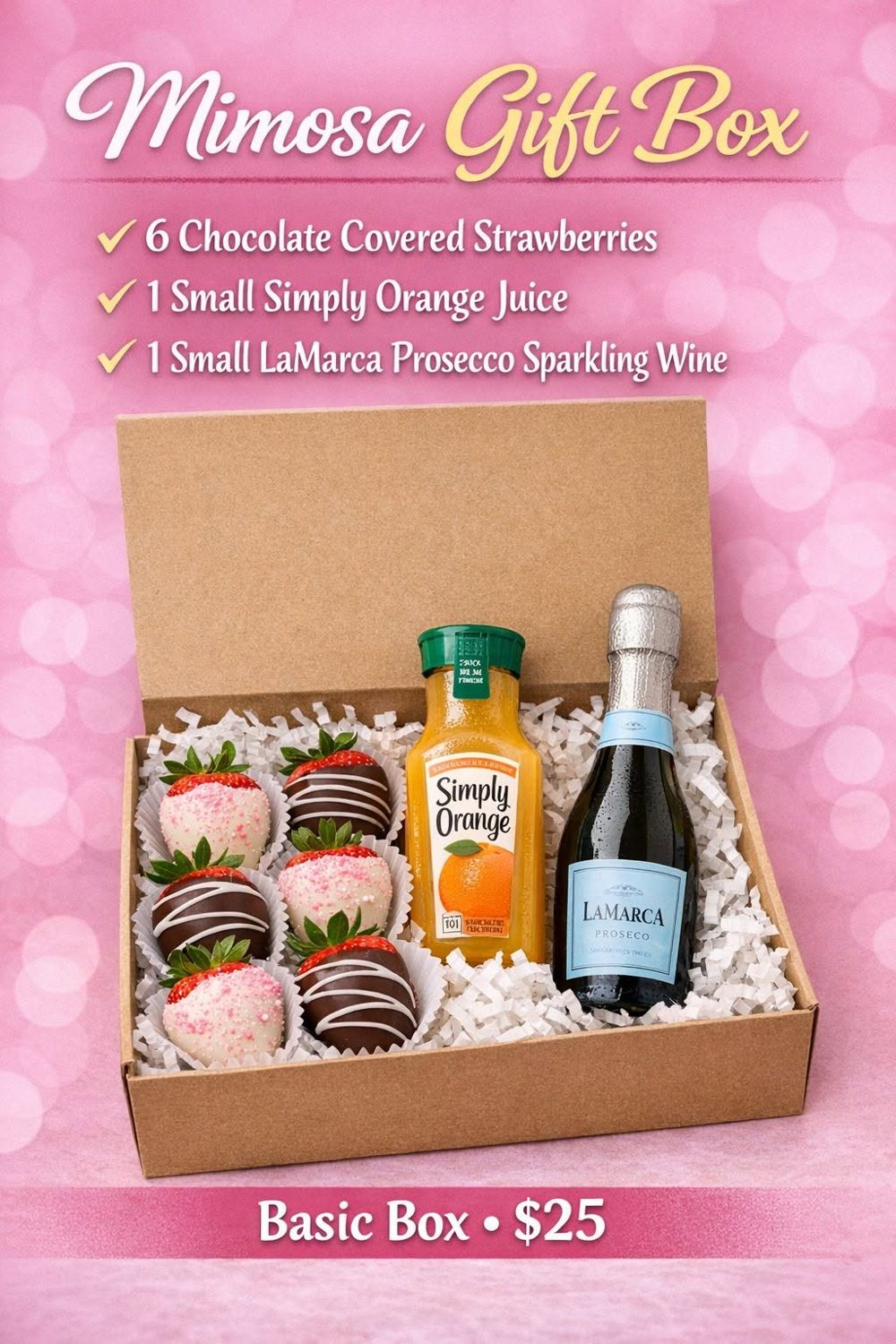 Mimosa gift box with chocolate covered strawberries, orange juice, and a small bottle of prosecco